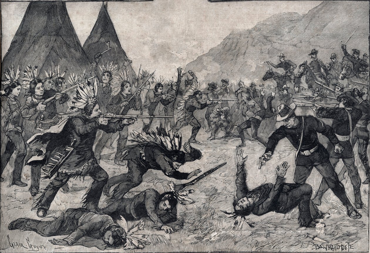 Powstanie indyjskie w Stanach Zjednoczonych: walka między Indianami Siuksów a wojskami amerykańskimi. Grawer w „Le petit Parisien”” z 1891 r. Ze zbiorów prywatnych. autorstwa Anonymous Anonymous