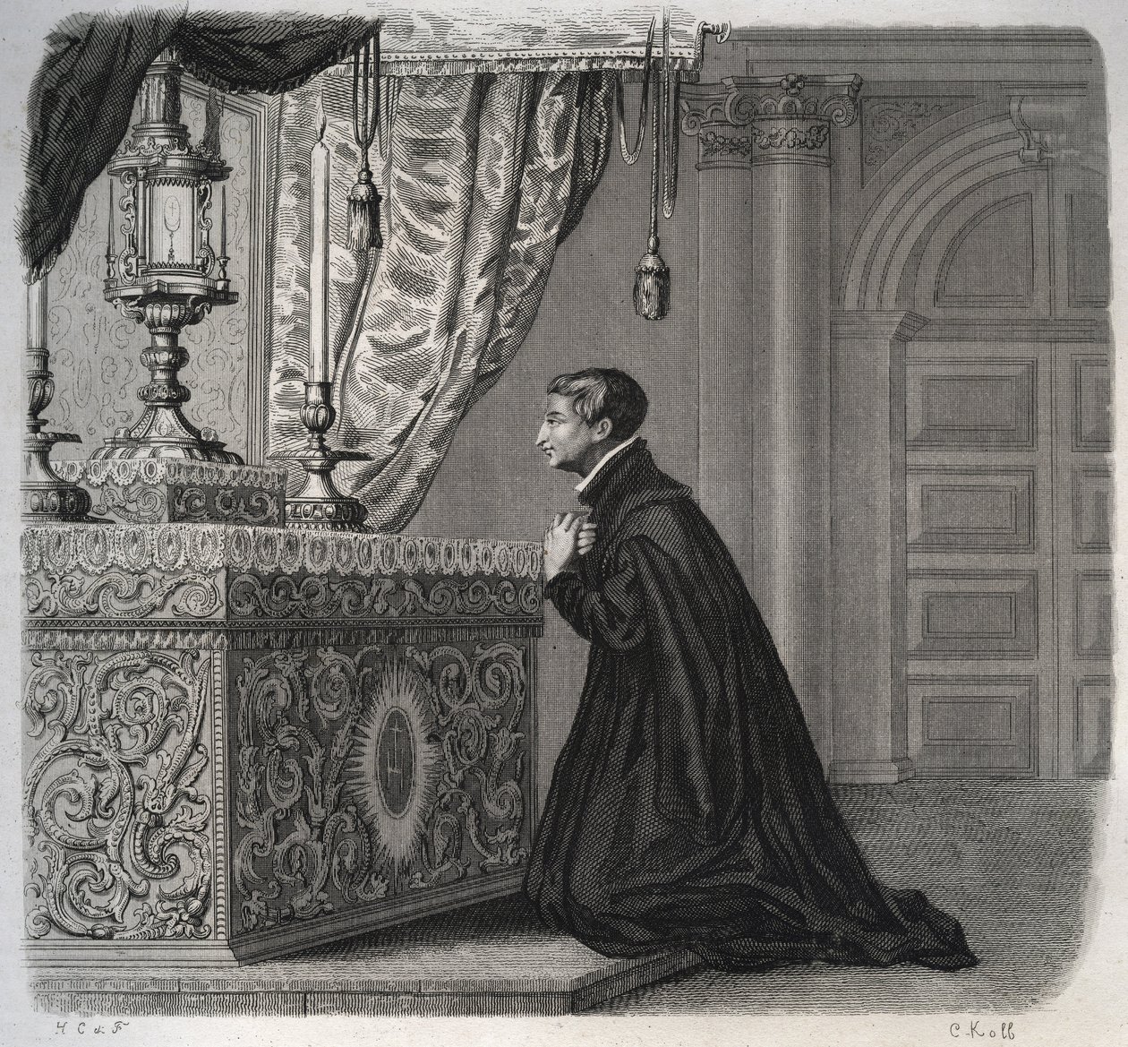 Włoski jezuita Louis de Gonzague (San Luigi Gonzaga) (1568-1591) w modlitwie. Rycina z 1846 r. w „Żywotach świętych”. Prywatna kolekcja. autorstwa Anonymous Anonymous