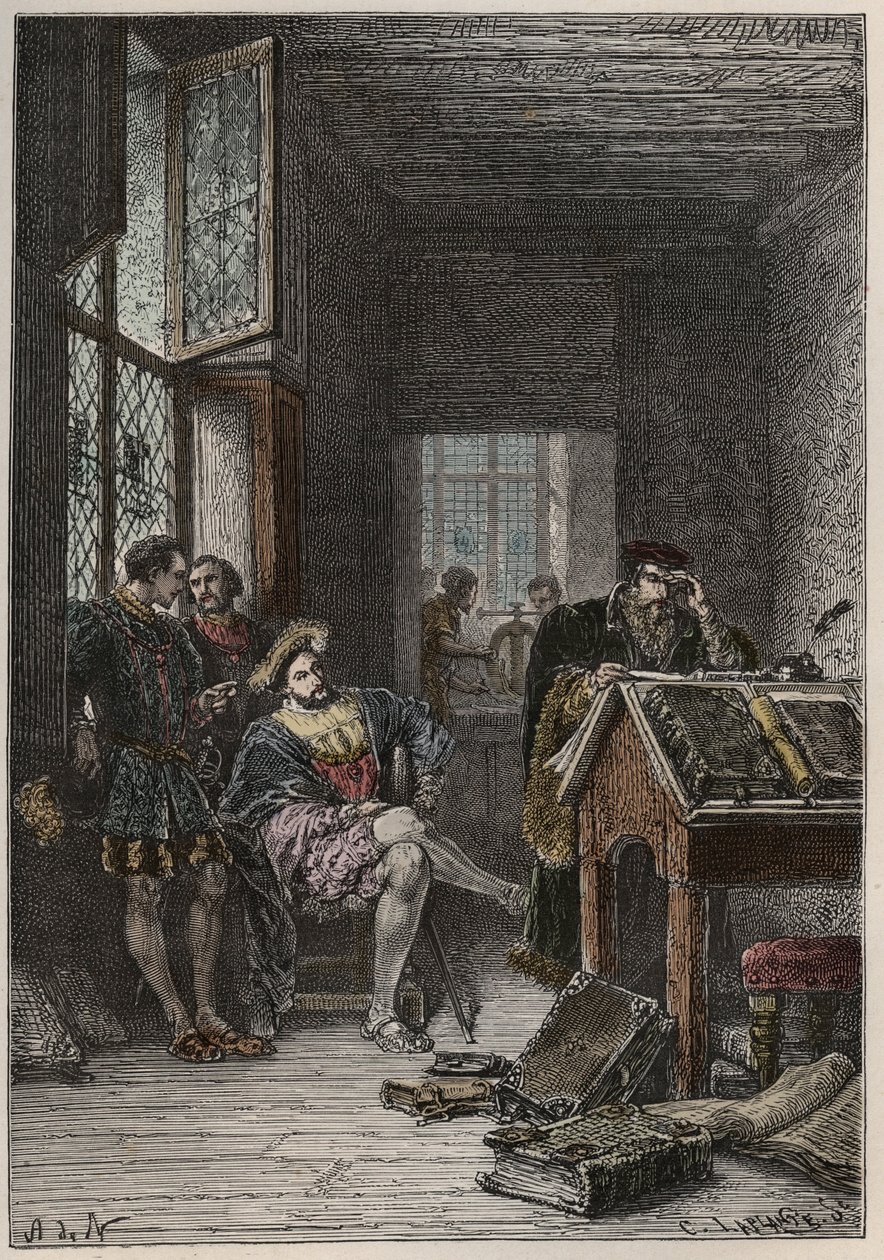 Król Francji Franciszek I (1494-1547), protektor sztuki i pisma, wizyta w warsztatach drukarza Estienne (Robert Estienne), ok. 1540 (Król Francji Franciszek I wizyta w warsztatach królewskich typografów Estienne autorstwa Anonymous Anonymous