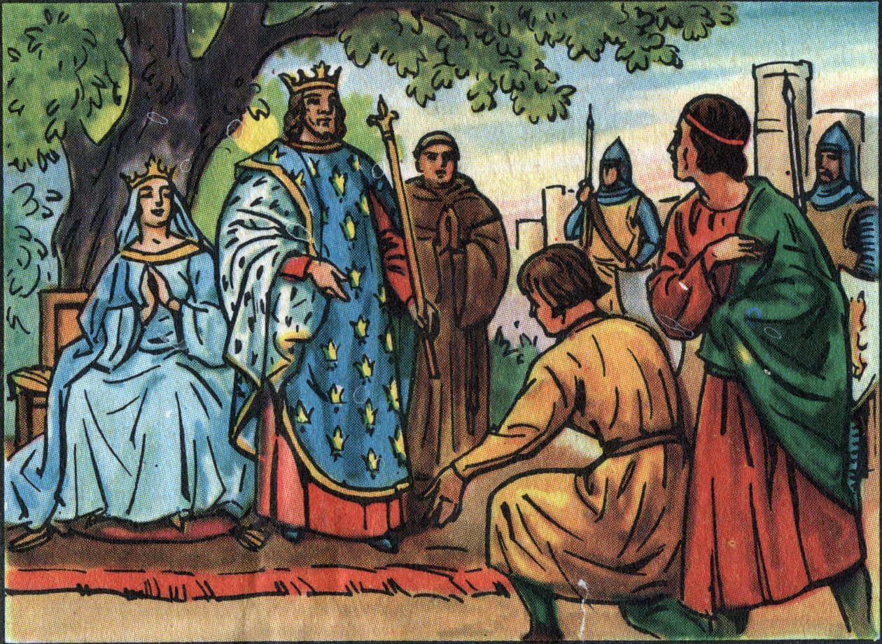Król Francji Saint Louis (Ludwik IX 1214-1270) wymierza sprawiedliwość pod dębem Bois de Vincennes. Anonimowa ilustracja w „”Kolekcji suwerenów i głów państw Francji””. XX wiek. Prywatna kolekcja. autorstwa Anonymous Anonymous
