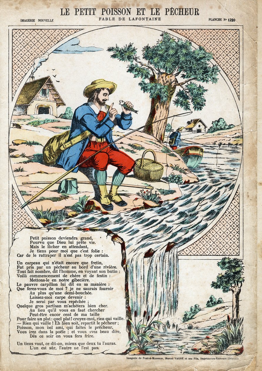 Mała Rybka i Rybak. Anonimowa ilustracja do Les Fables autorstwa Jeana de LA FONTAINE (Lafontaine) (1621-1695). Obraz Pont-a-Mousson, ok. 1880 r. Ze zbiorów prywatnych. autorstwa Anonymous Anonymous