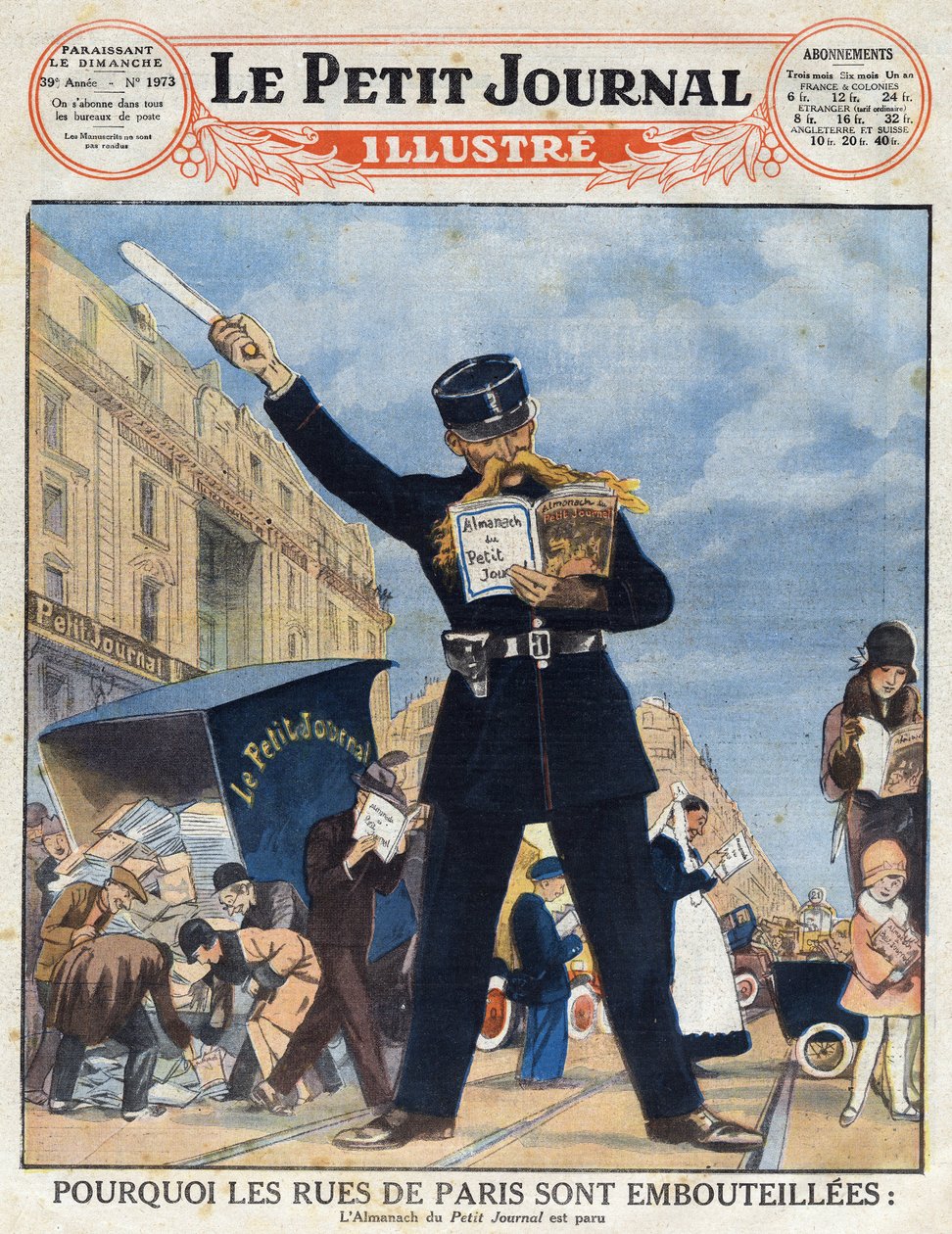 Ludność Paryża skorzystała z ciężarówki dostawczej, a policjant zajął się czytaniem Almanachu zamiast krążyć z „Le petit journal illustré” autorstwa Anonymous Anonymous
