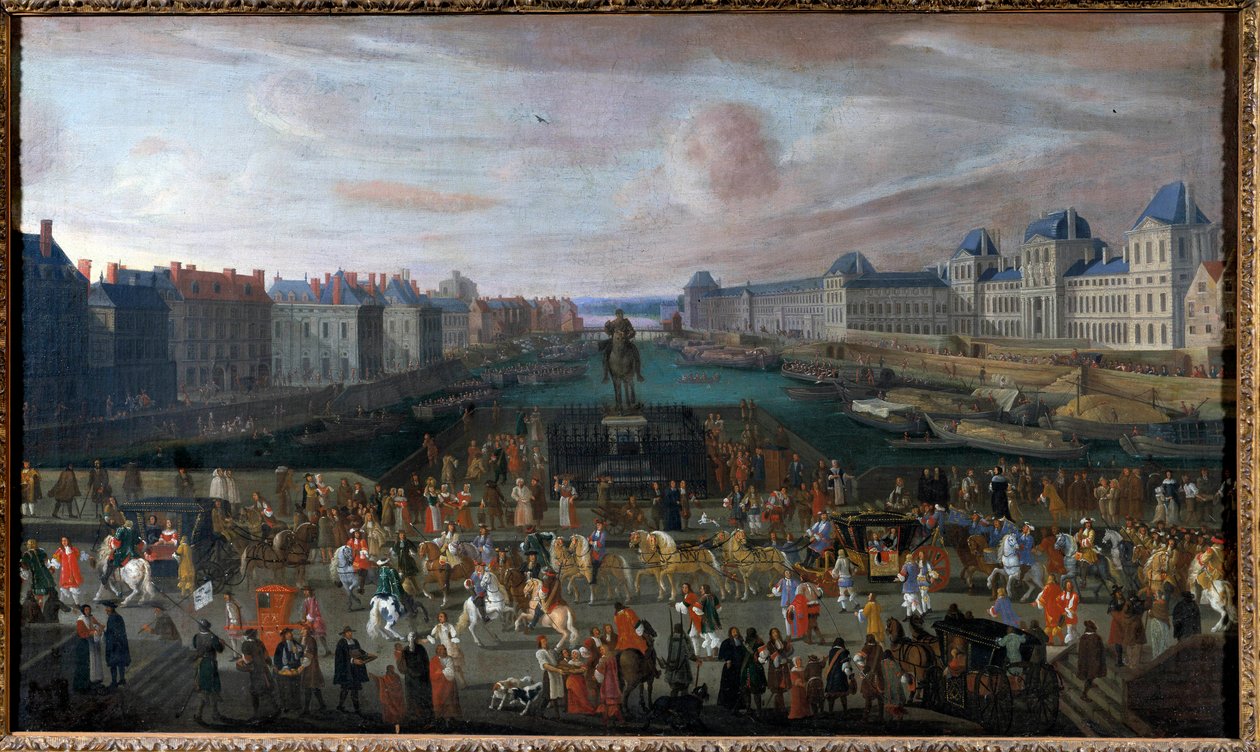 Pont Neuf widziany od wejścia na Place Dauphine, Quai Malaquais z Kolegium Czterech Narodów (Institut de France) w budowie, Grande Galerie i Luwr przy przejściu obrazu konduktu Anonymous. 1665. wym. 0,74 x 1,25 m. autorstwa Anonymous Anonymous