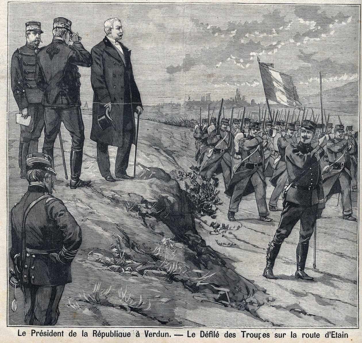 Prezydent Republiki Felix Faure (1841-1899) odwiedza Verdun (Moza): zbezczeszczenie szkoły wojskowej przy drodze Etin. Grawer w „”Le Petro Parisien”” autorstwa Anonymous Anonymous