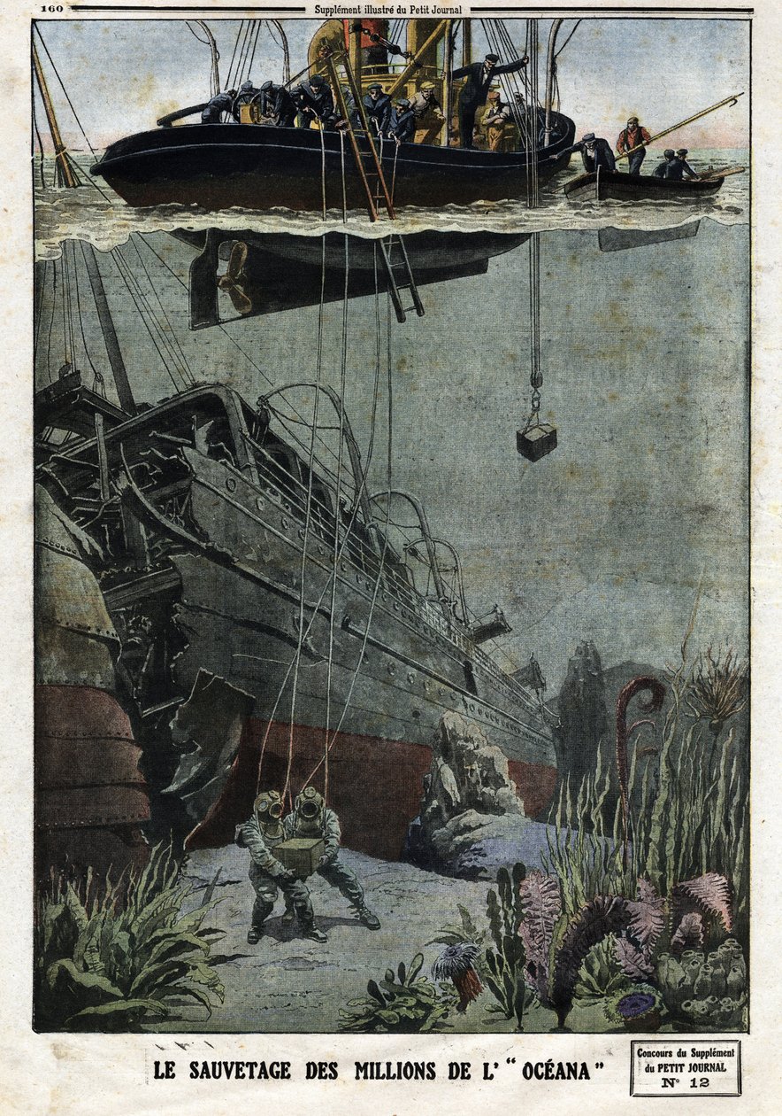 Ratunek dla milionów Oceanów: Scaphandlers nurkują z Eastbourne, aby zebrać 18 milionów metali, które brytyjski liniowiec miał przetransportować do Indii. Grawer w „Le Petite Journal”, 19.05.1912. Prywatna kolekcja. autorstwa Anonymous Anonymous