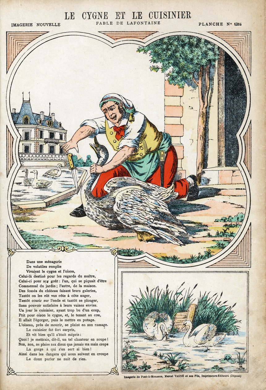 Łabędź i kucharz. Anonimowa ilustracja do Les Fables autorstwa Jeana de LA FONTAINE (Lafontaine) (1621-1695). Obraz Pont-a-Mousson, ok. 1880 r. Ze zbiorów prywatnych. autorstwa Anonymous Anonymous