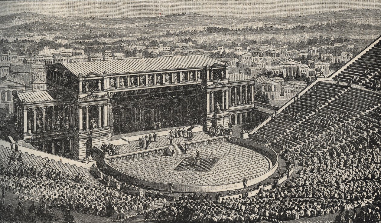 Teatr Dionizosa, Akropol, Ateny, Grecja - Rekonstrukcja Teatru Dionizosa z 1890 r. - w Atenach, Grecja starożytna. - grawerowanie 1890 autorstwa Anonymous Anonymous