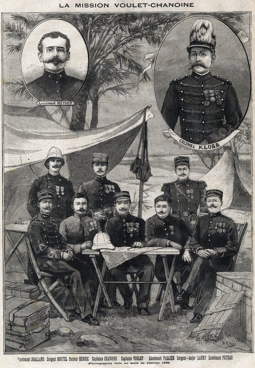 Misja Voulet Chanoine (Voulet-Chanoine) Francuska ekspedycja w celu kolonialnego podboju Czadu: portret porucznika Octave Meynier (1874-1961) i pułkownika Arsene Klobba (1857-1899) z dołu od lewej do prawej: porucznik Joalland, sierżant Boutel, doktor autorstwa Anonymous Anonymous