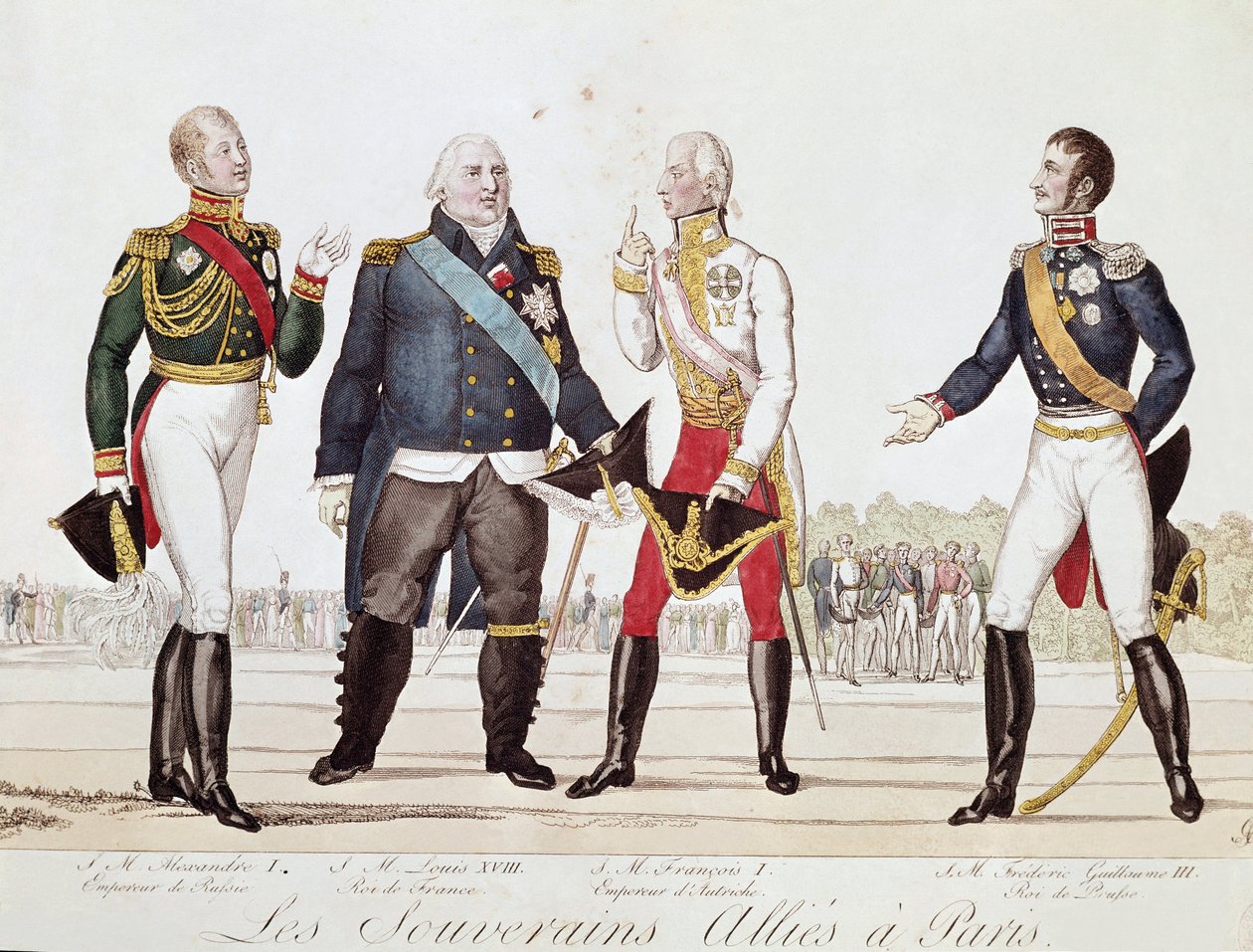 Sprzymierzeni władcy: Aleksander I Rosja, Ludwik XVIII Francji, Franciszek II Austriak i Fryderyk Wilhelm III Pruski podczas podpisywania Sojuszu w Paryżu wrzesień 1815 (litografia autorstwa Anonymous Anonymous