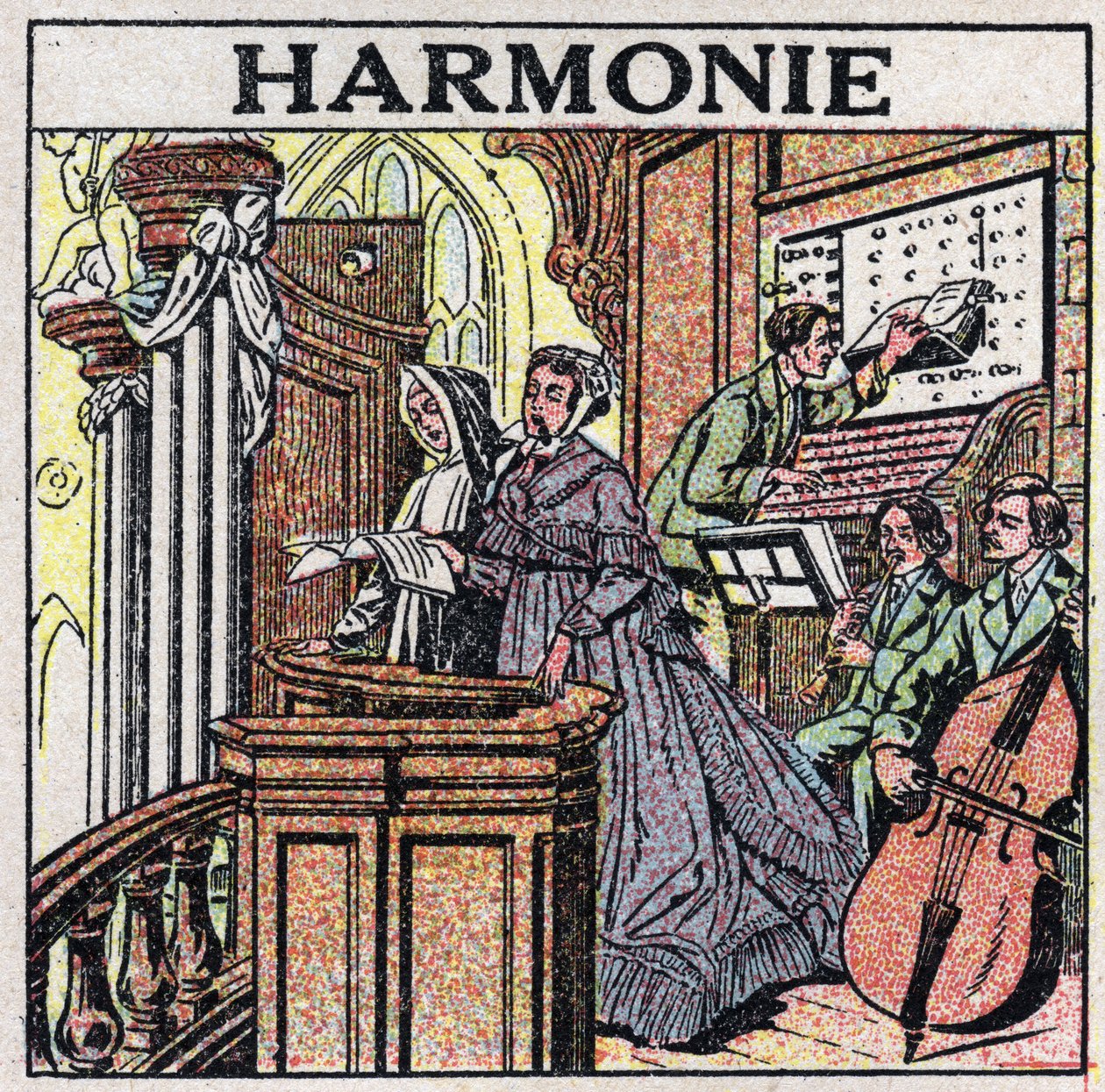 Sztuka dźwięków: harmonia. Śpiewacy i muzycy w kościele. Anonimowa ilustracja z 1925 r. Ze zbiorów prywatnych. autorstwa Anonymous Anonymous