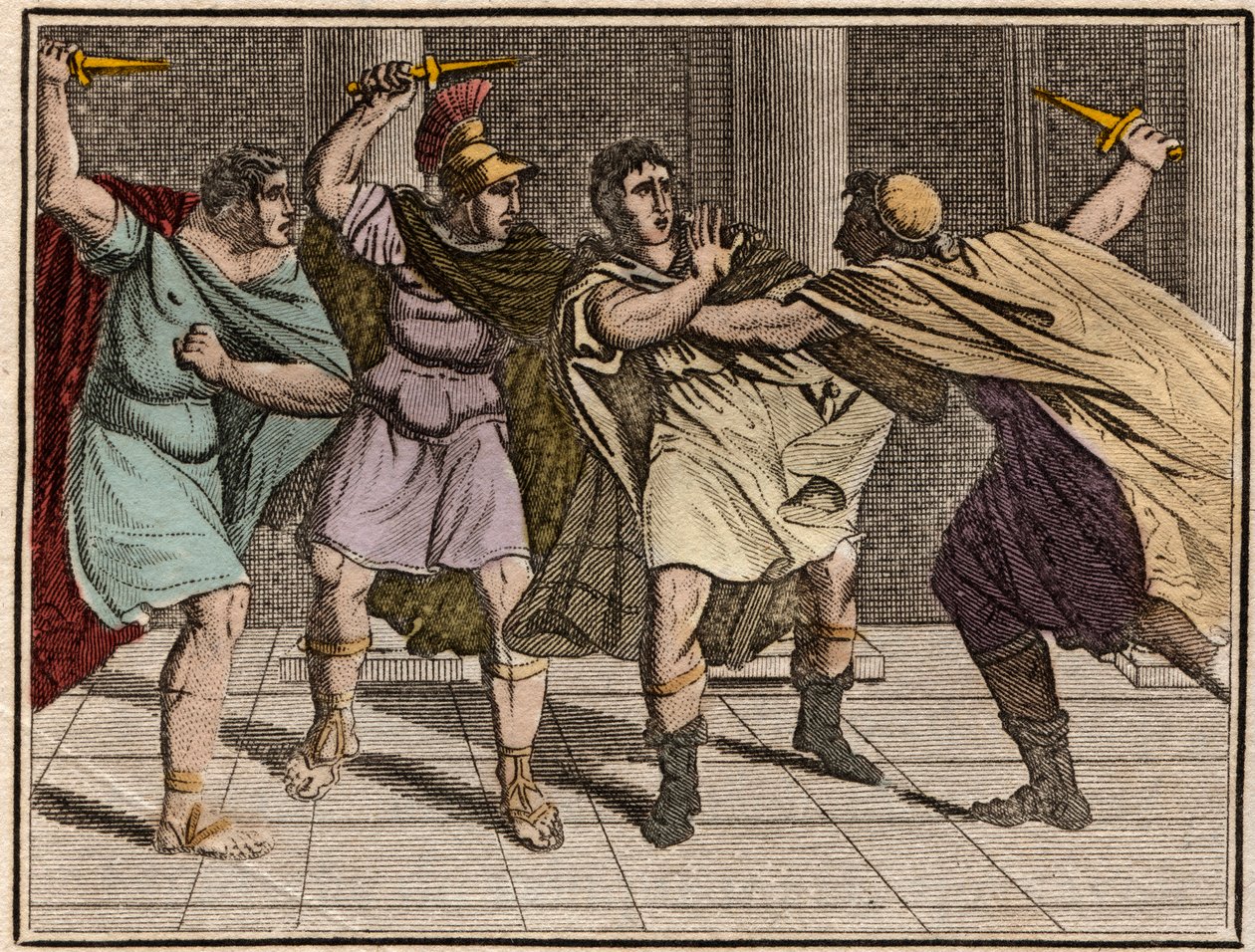 Zabójstwo cesarza rzymskiego Juliusza Cezara (Jules Cesar - Giulio Cesare lub Caius Julius Caesar) 15 marca 44 pne - Rycina z „Rollina młodości czyli wybrane fragmenty starożytnych i rzymskich opowieści” 1816 – zbiory prywatne autorstwa Anonymous Anonymous