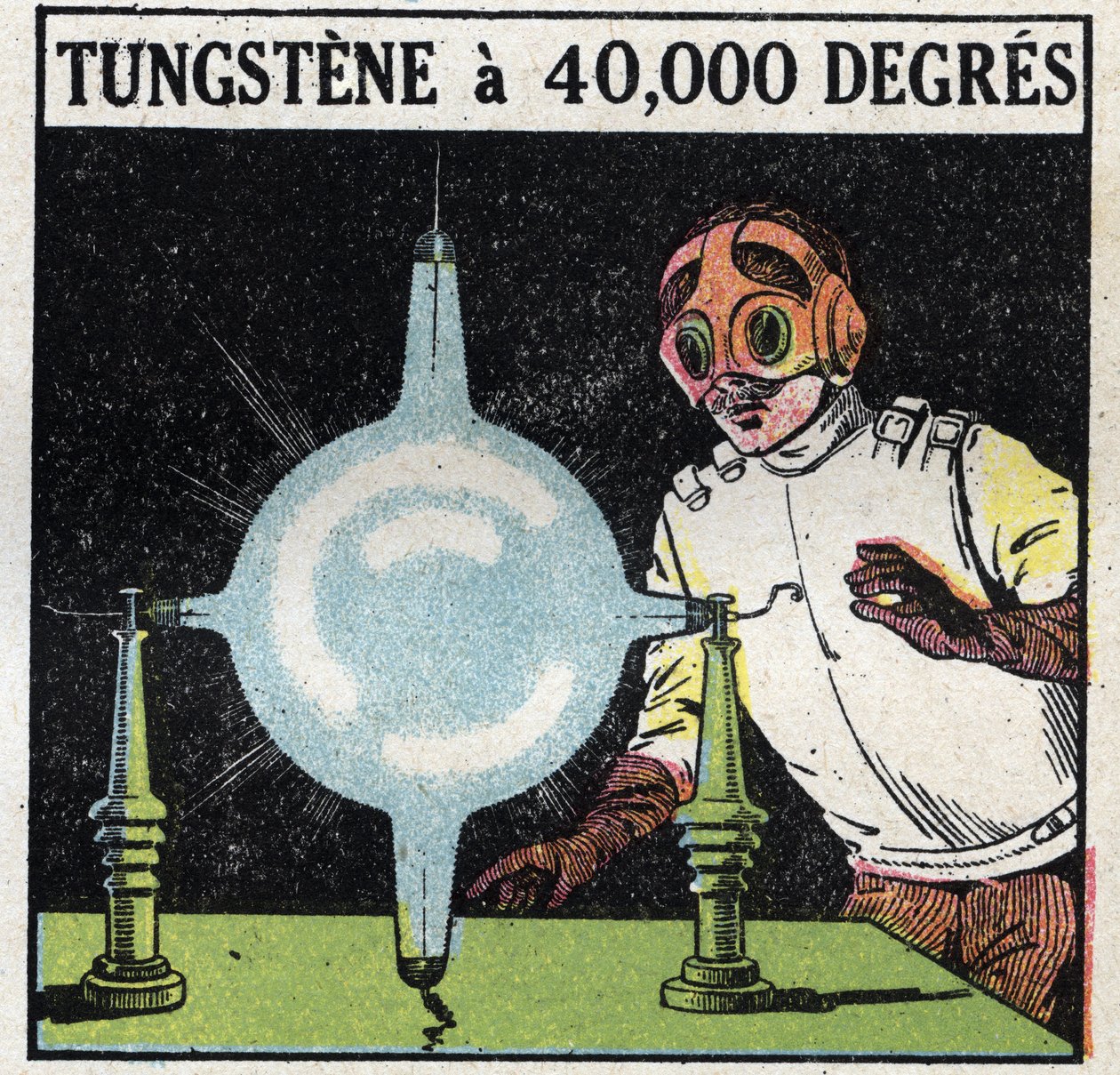 Atom i nauka: próba rozpuszczenia wolframu przez ulatnianie cienkiego drutu tego metalu do 40 000 stopni. Anonimowa ilustracja z 1925 r. Ze zbiorów prywatnych. autorstwa Anonymous Anonymous