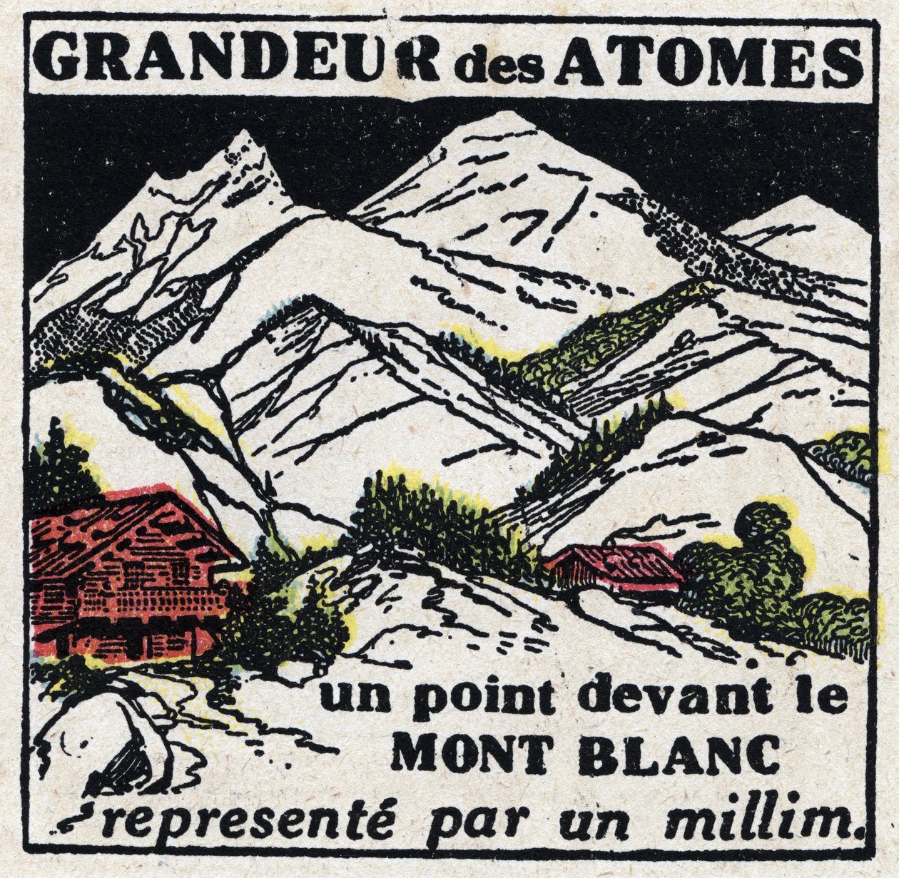 Atom i nauka: wielkość atomów. Punkt przed Mont Blanc reprezentowany przez milimetr. Anonimowa ilustracja z 1925 r. Ze zbiorów prywatnych. autorstwa Anonymous Anonymous