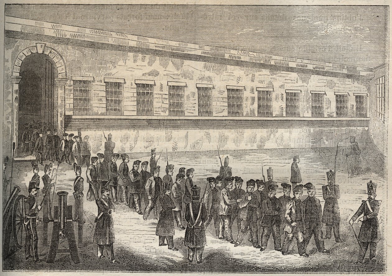 Więzienie Rochefort w XIX wieku. Grawer „Historia skazanych od ich powstania do dnia dzisiejszego” (1877) autorstwa Pierre