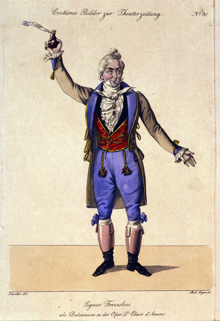 Bas Giuseppe Frezzolini (1789-1861) w interpretacji Doktora Dulcamary w operze „Napój miłosny” Gaetano Donizettiego (1797-1848) podczas występu w Teatro della Canobbiana w Mediolanie 12.05.1832. autorstwa Anonymous Anonymous