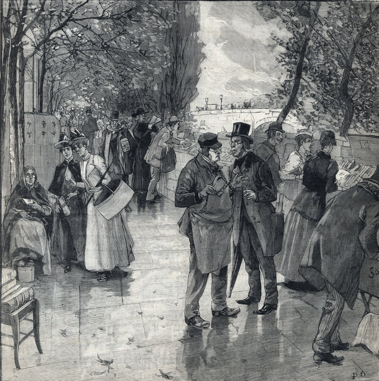 Spacer po książkach nad brzegami paryskich nabrzeży. Grawerowanie w „Le petit parisien”” z dnia 30.10.1892 r. Prywatna kolekcja autorstwa Anonymous Anonymous