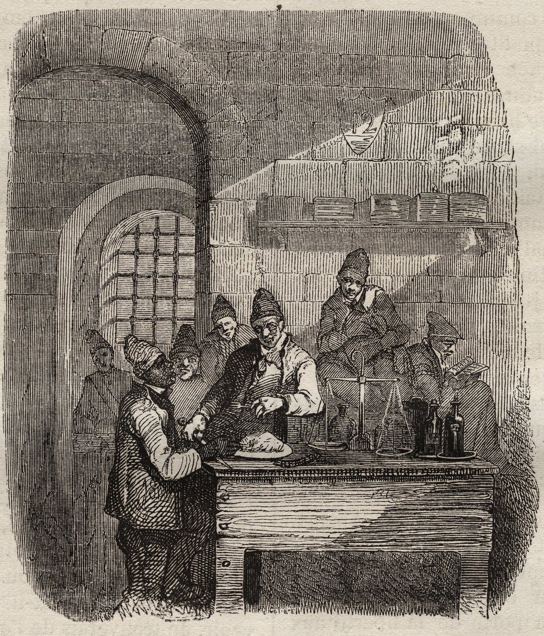 Kantyna więzienia brzeskiego w XIX wieku. Grawer „Historia skazanych od ich powstania do dnia dzisiejszego” (1877) autorstwa Pierre