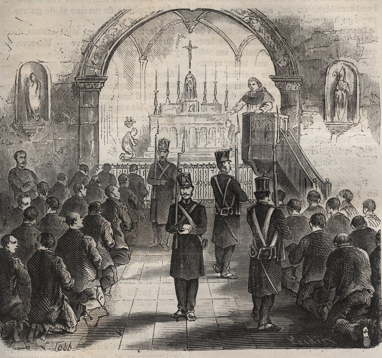 Kaplica więzienia w Tulonie w XIX wieku. Grawer „Historia skazanych od ich powstania do dnia dzisiejszego” (1877) autorstwa Pierre