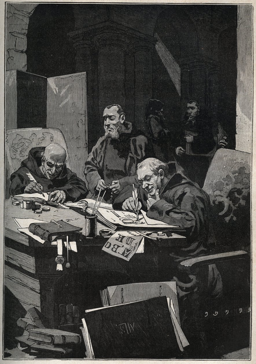 Chryzograf: mnisi z copistee wykonujący iluminacje złotymi literami w średniowieczu. Grawer z 1885 roku w „Les arts et metiers illustres” Adolphe BITARD. autorstwa Anonymous Anonymous