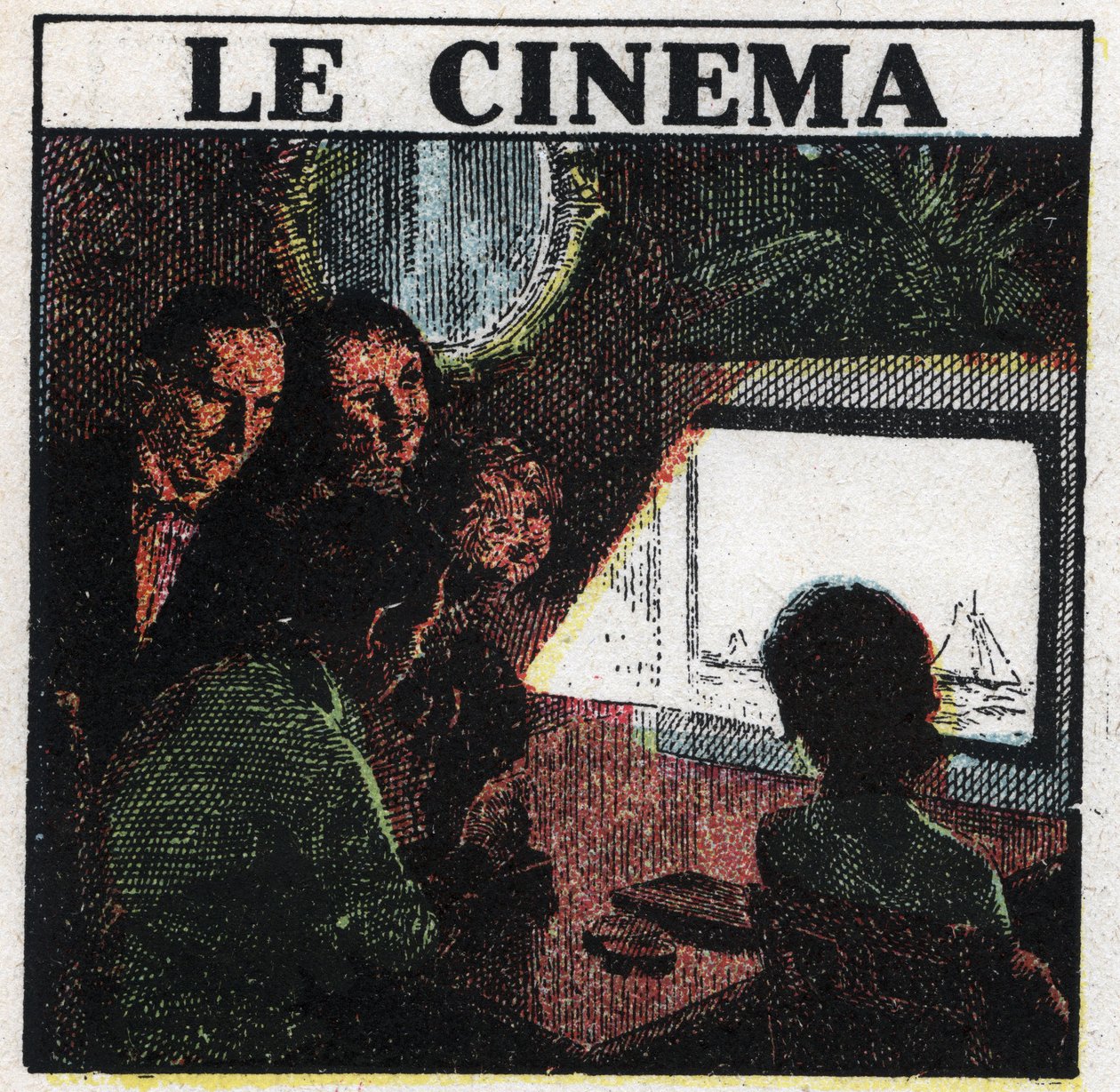 Operator: rodzina oglądająca film na ekranie. Anonimowa ilustracja z 1925 r. Ze zbiorów prywatnych. autorstwa Anonymous Anonymous