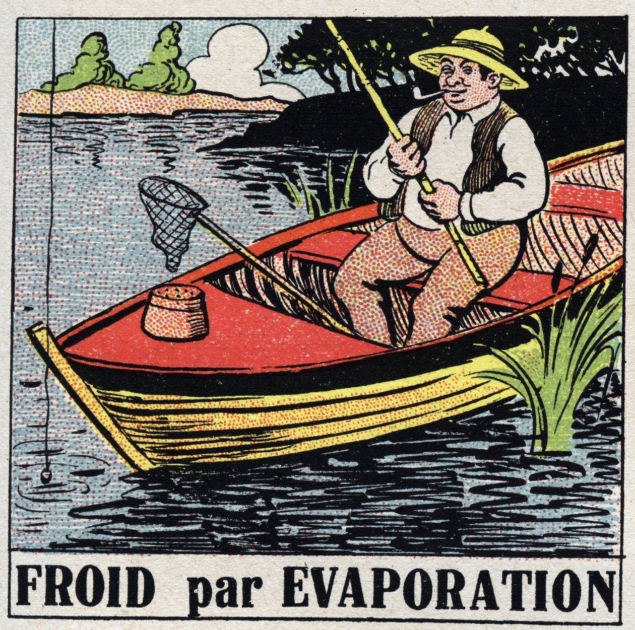 Przemysł chłodniczy: zimno przez parowanie. Rybak na swojej łodzi pozostaje chłodny dzięki parowaniu wody z rzeki. Anonimowa ilustracja z 1925 r. Ze zbiorów prywatnych. autorstwa Anonymous Anonymous