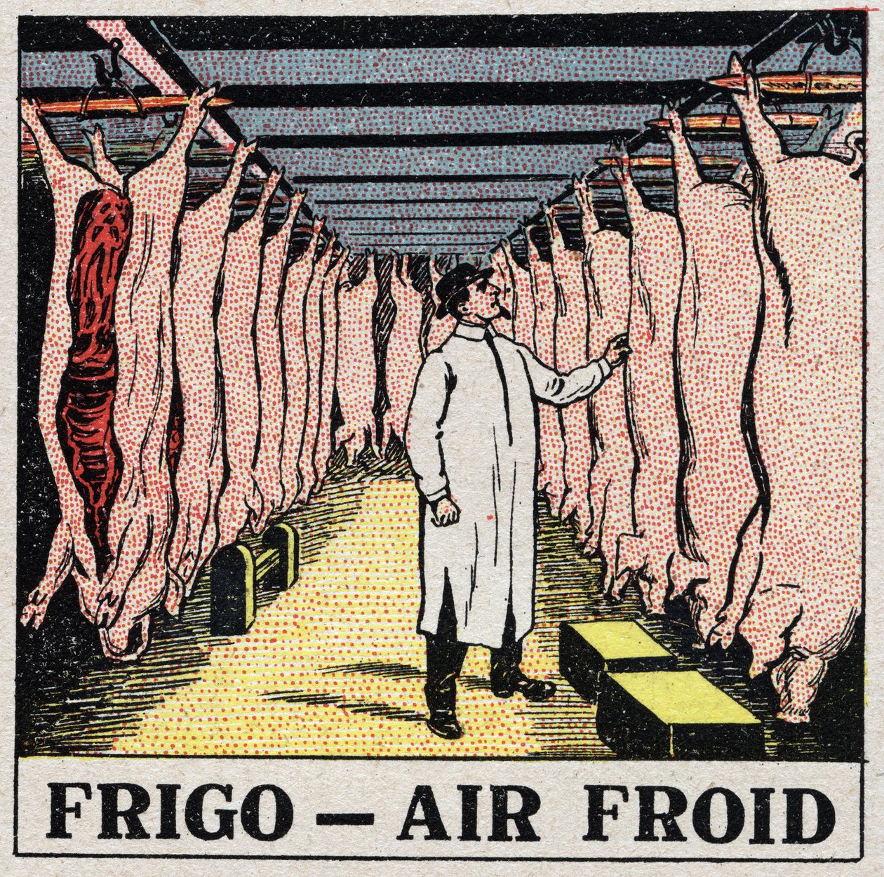 Przemysł chłodniczy: przechowywanie mięsa w chłodniach. Anonimowa ilustracja z 1925 r. Ze zbiorów prywatnych. autorstwa Anonymous Anonymous