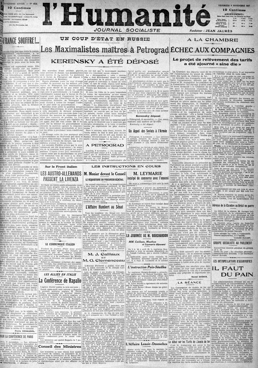 Zamach stanu w Rosji na nagłówkach socjalistycznej gazety „Ludzkość””. Nagłówki:”” Masters Maximalists w Piotrogrodzie””, „” Kiereński został zdeponowany””” (Kiereński), 9.11.1917. autorstwa Anonymous Anonymous