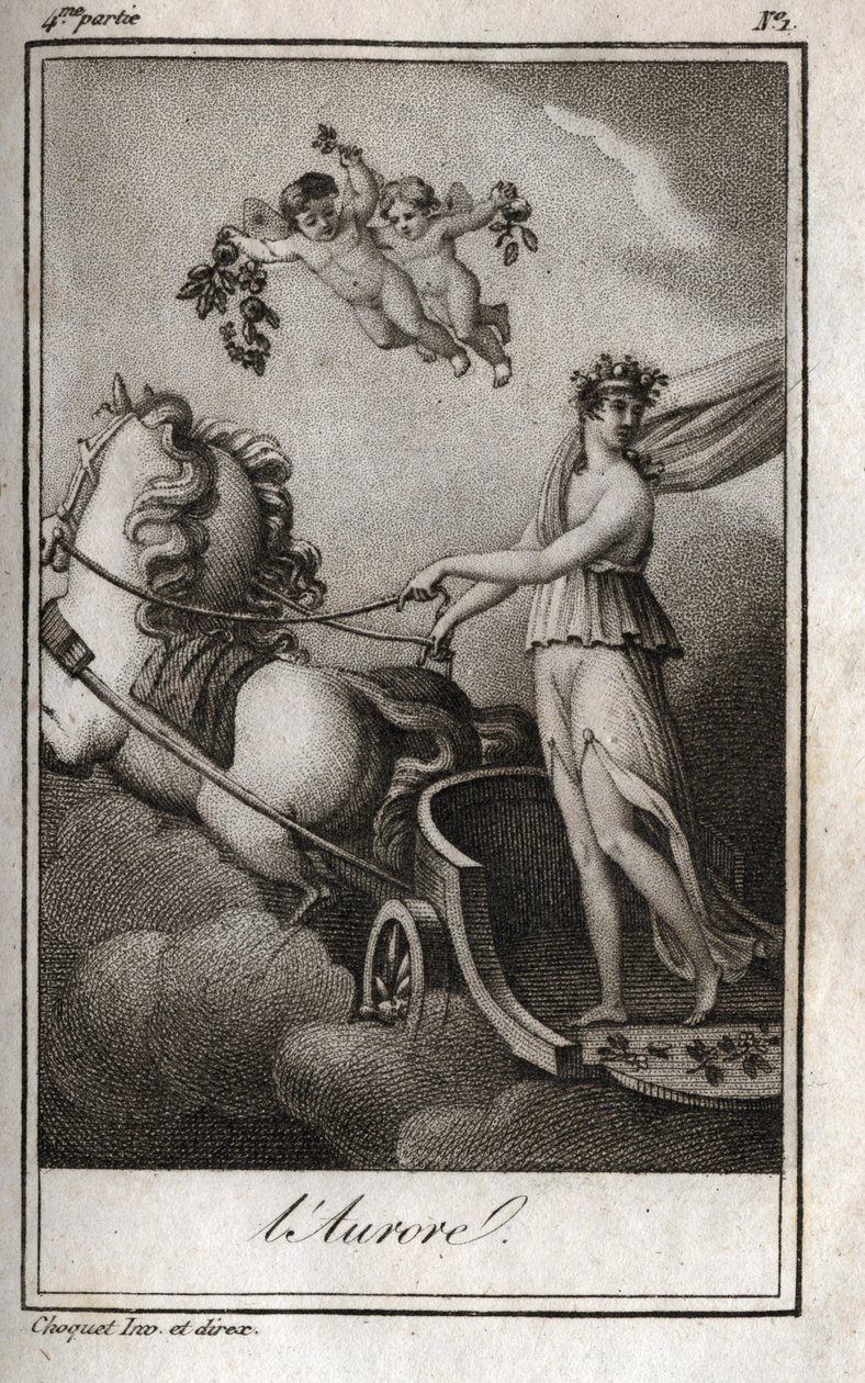 Świt (Apollo prowadzi rydwan słońca). Alegoria wschodu słońca. Rycina z 1819 r. w „Lettres a Emilie sur la mitologie” Charlesa Alberta Demoustiera (1760-1801). Prywatna kolekcja. autorstwa Anonymous Anonymous
