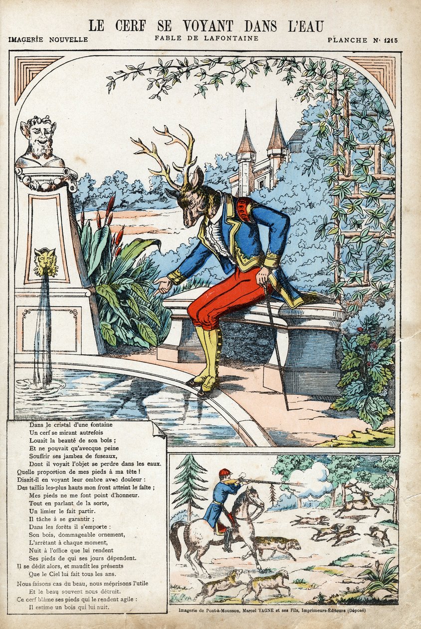 Jelenie widzące siebie w wodzie. Anonimowa ilustracja do Les Fables autorstwa Jeana de LA FONTAINE (Lafontaine) (1621-1695). Obraz Pont-a-Mousson, ok. 1880 r. Ze zbiorów prywatnych. autorstwa Anonymous Anonymous