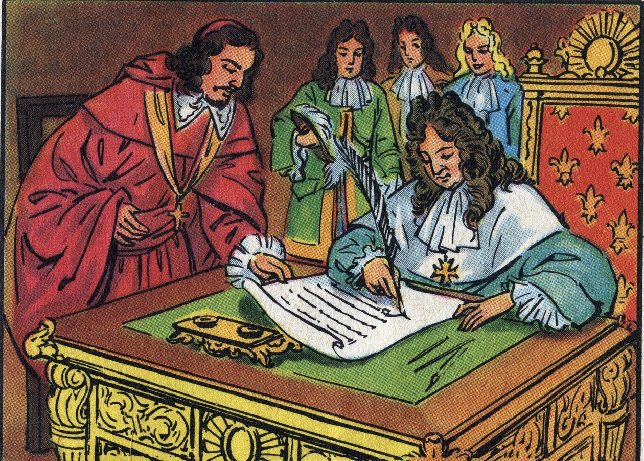Edycja Fontainebleau, podpisana przez Ludwika XIV 18 października 1685, unieważniła edycję Nantes przyznaną przez Henryka IV w 1598. Anonimowa ilustracja w „”Collection des souverains et chefs d