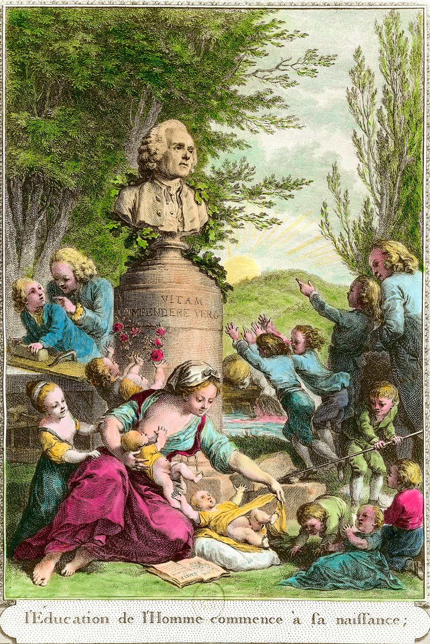 Edukacja człowieka zaczyna się od jego narodzin: matki z dziećmi, obok popiersia w hołdzie szwajcarskiemu filozofowi Jeanowi Jacquesowi Rousseau (1712-1778). Rycina XVIII-wiecznej kolekcji prywatnej autorstwa Anonymous Anonymous