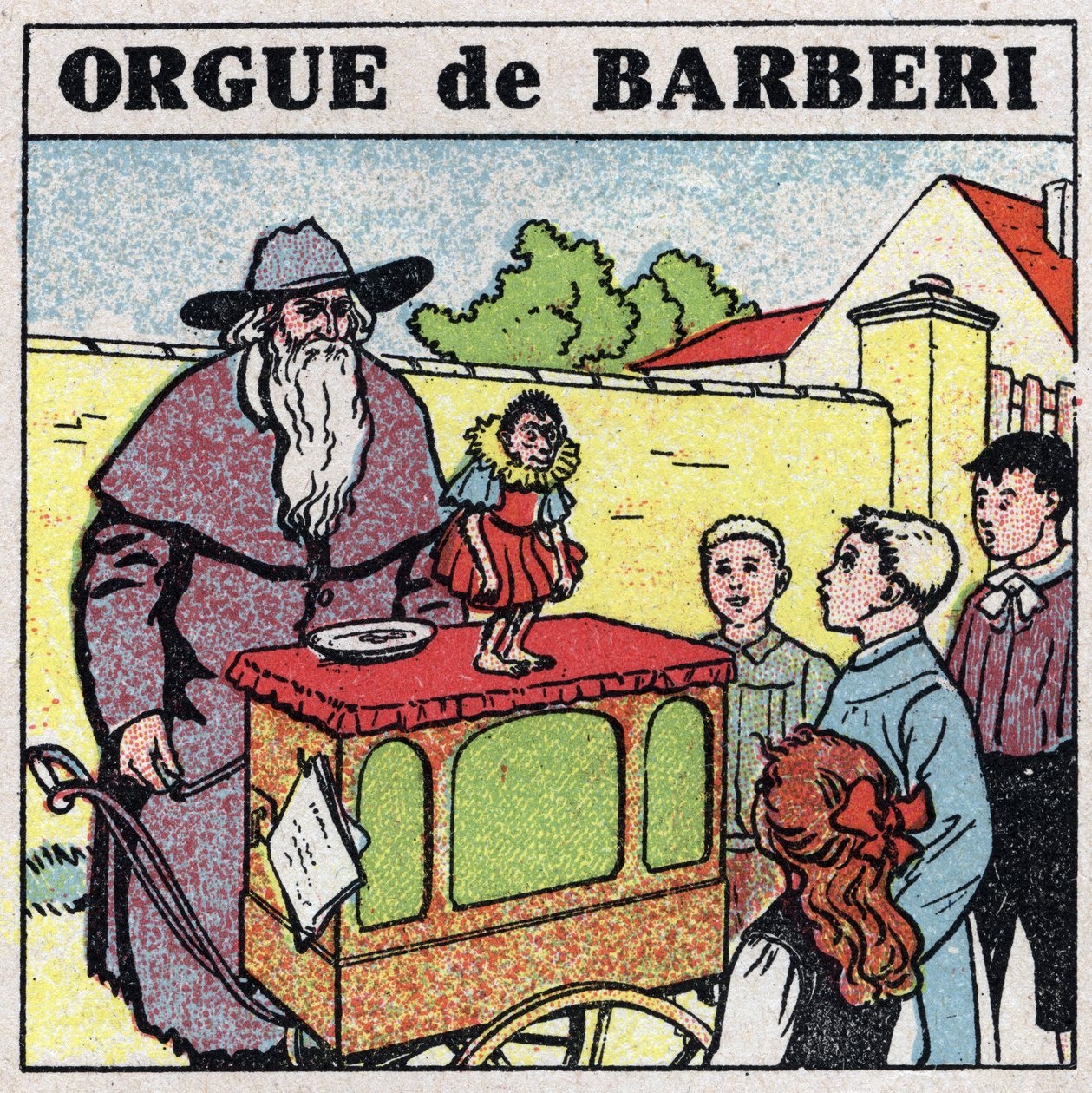 Efekty muzyczne: kłujący organista i małpka zabawiają dzieci na ulicy. Anonimowa ilustracja z 1925 r. Ze zbiorów prywatnych. autorstwa Anonymous Anonymous