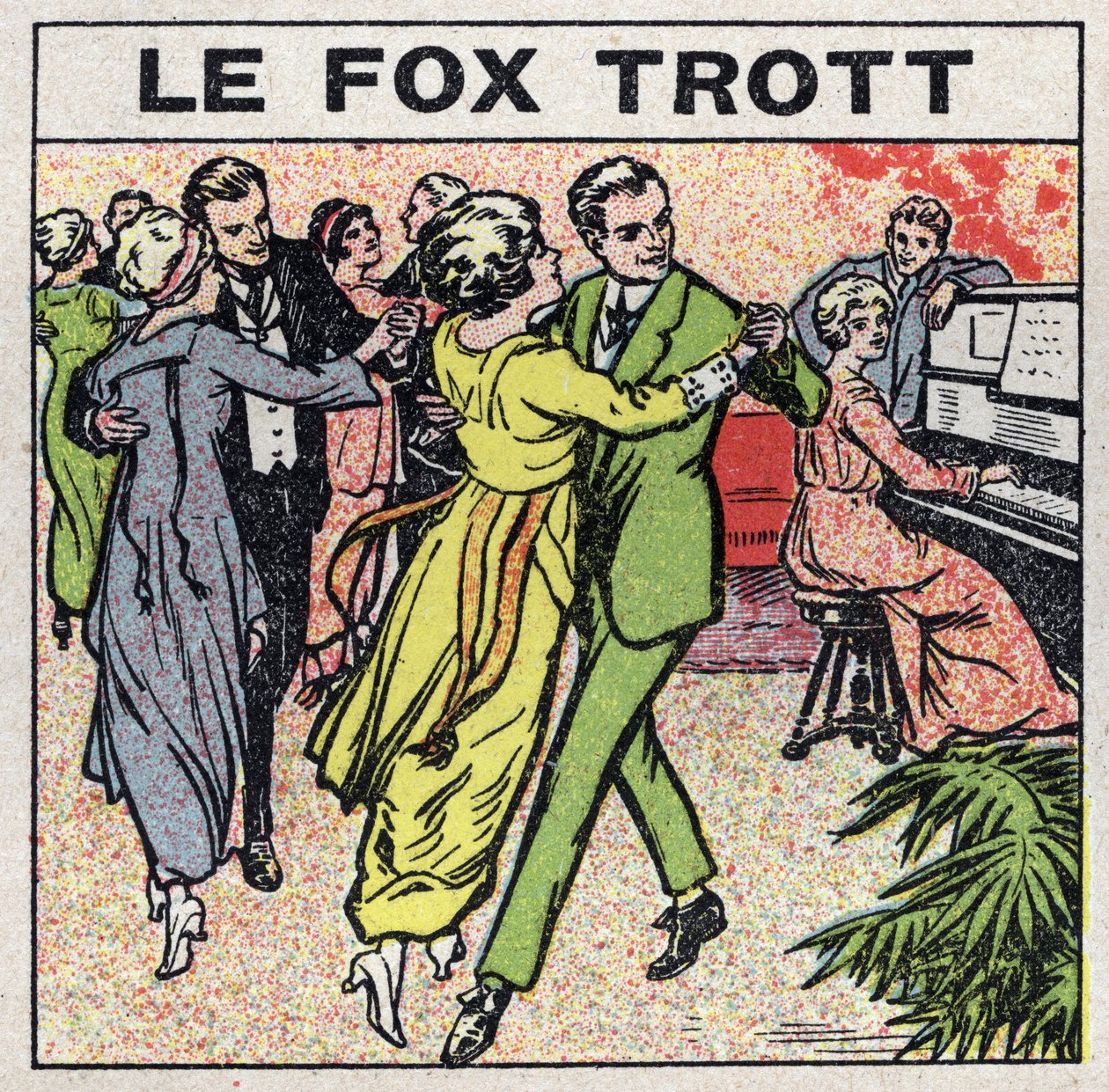 Efekty muzyczne: pary tańczą lisiego kłusa podczas towarzyskiego wieczoru. Anonimowa ilustracja z 1925 r. Ze zbiorów prywatnych. autorstwa Anonymous Anonymous