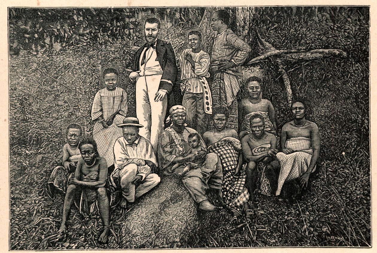 Odkrywca Pierre Savorgnan z Brazza (1852-1905) i grupa tubylców z Wikariatu Apostolskiego Dwóch Gwinei (Dwóch Gwinei) w Gabonie. Grawer w „Les Missions Catholiques au XIXeme Siecle” Louis-Eugene (Louis Eugene) Louvet. pr autorstwa Anonymous Anonymous