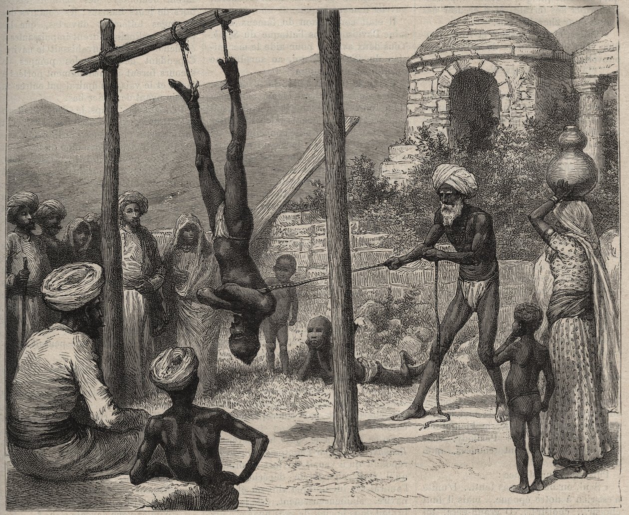 Fakir w Indiach - Fakir (Faquir) w Indiach - zawieszony za nogi na drewnianym drążku - grawerunek z 1892 r. w „Journal des voyages””. autorstwa Anonymous Anonymous
