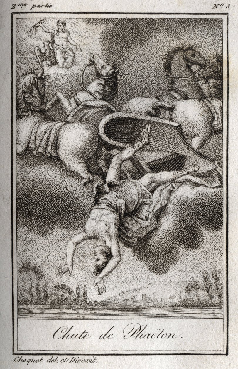 Upadek Phaetona Phaeton (Phaeton), niezdolny do kontrolowania czołgu Helios, został uderzony przez Zeusa i wpadł do rzeki Eridan. Rycina z 1819 r. w „Lettres a Emilie sur la mitologie” Charlesa Alberta Demoustiera (1760-1801). Prywatna kolekcja. autorstwa Anonymous Anonymous
