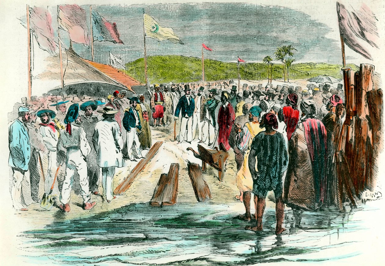 Pierwszy odbiór na inauguracji prac wiertniczych na Kanale Sueskim 25 kwietnia 1859 r. Budowa w Egipcie, mająca na celu połączenie Morza Czerwonego z Morzem Śródziemnym, trwała do 1869 r. Rycina XIX-wiecznej Collection Particuliere autorstwa Anonymous Anonymous
