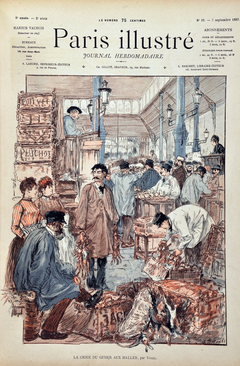 Okrzyk gry w Halles de Paris w 1887 r. Ilustracja Hermanna Vogla (1856-1918). Rycina z 1887 r. w tygodniku „Paryż-Prześwietny””. autorstwa Anonymous Anonymous