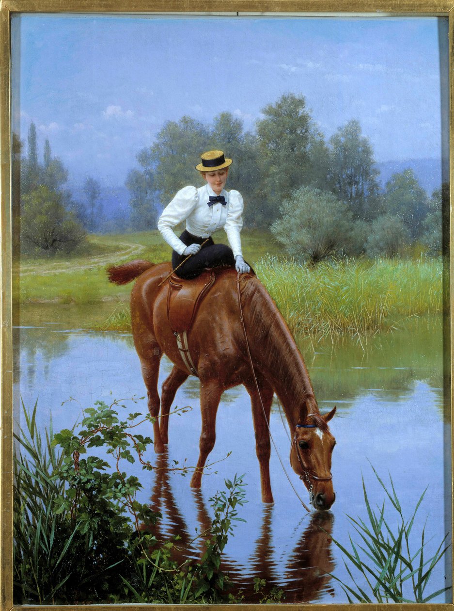 Zatrzymanie Młoda kobieta w Amazonii zatrzymuje się, żeby kazać swojemu koniowi pić. Malarstwo anonimowe, XX w. Ze zbiorów prywatnych - Zatrzymanie. Młoda kobieta na bocznym siodle zatrzymuje się, żeby napić się konia. Malarstwo anonimowe, XX wiek. Prywatn autorstwa Anonymous Anonymous