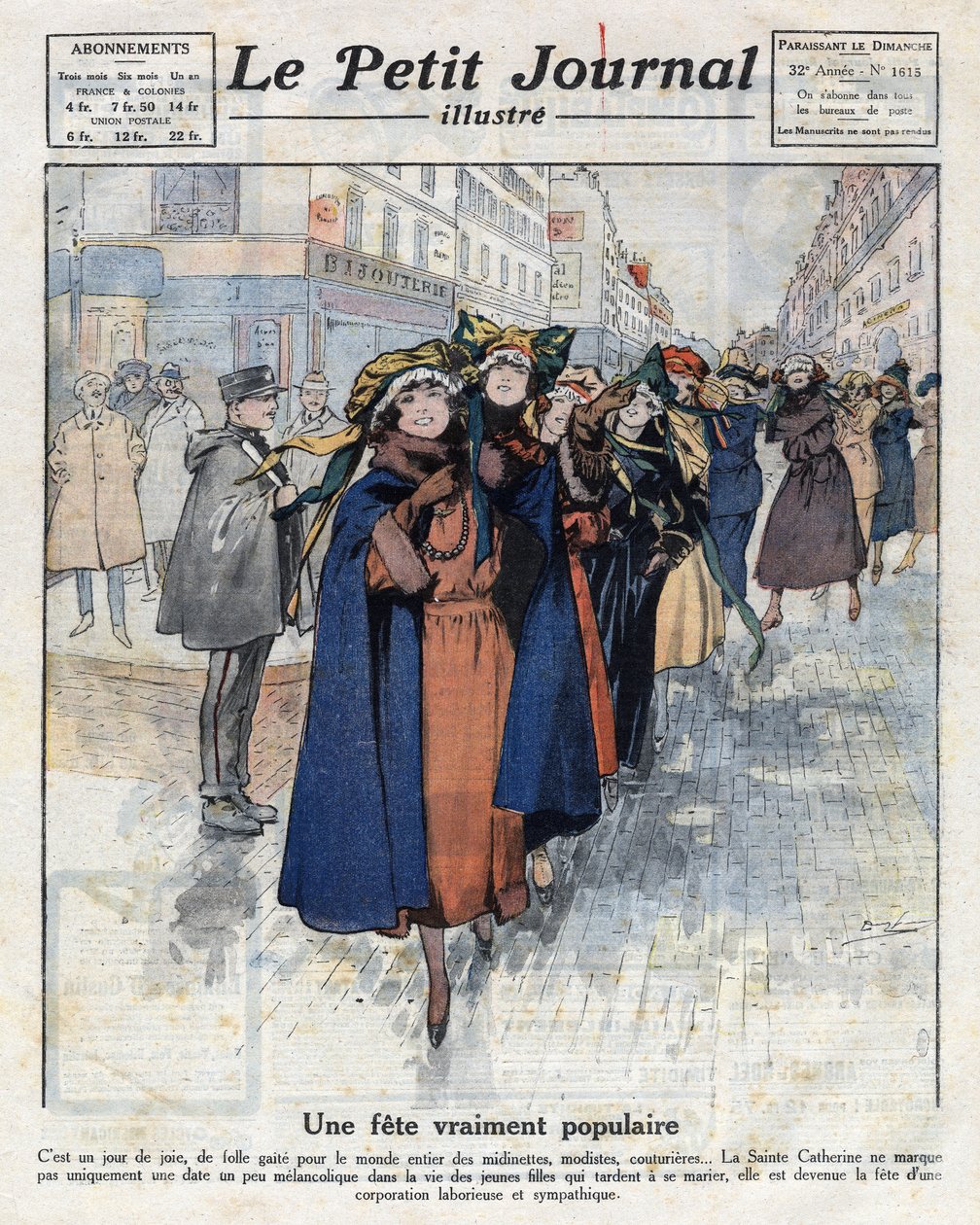 Podróż catherinette, młodych celibatariuszek w tradycyjnych kapeluszach, ulicami Paryża. Ilustracja zaczerpnięta z „Le petit journal illustious”” z 12.04.1921. Prywatna kolekcja autorstwa Anonymous Anonymous