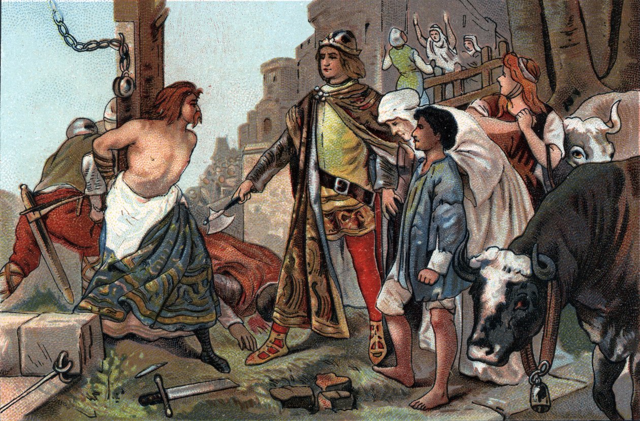 Sprawiedliwość Baudouina VII (1092-1119), hrabia Flandrii powiedział do topora. Chromolitografia reklamowa czekoladek Antoine w Brukseli, początek XX wieku. Prywatna kolekcja autorstwa Anonymous Anonymous