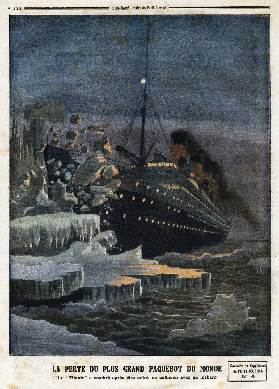 „”Utrata największego liniowca świata: „Titanic”” zaciemnił się po zderzeniu z górą lodową”, grawer w „”Le Petit Journal”, 28.04.1912 autorstwa Anonymous Anonymous