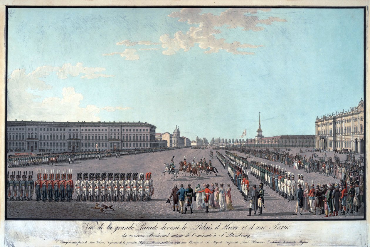 Parada przed Pałacem Zimowym w Petersburgu - Anonim - 1799 - Akwaforta, akwarela - 65x95,6 - Kolekcja prywatna autorstwa Anonymous Anonymous