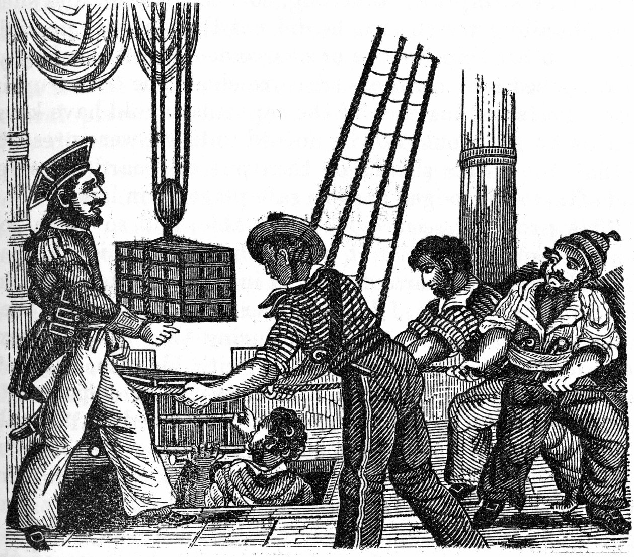 Pirat „Long Ben” John Avery (zrobił to w 1643 r.) załadował na swój statek trzy skrzynie skarbów (złoto i kamienie). Grawer „”Książka własna pirata”” 1837. autorstwa Anonymous Anonymous