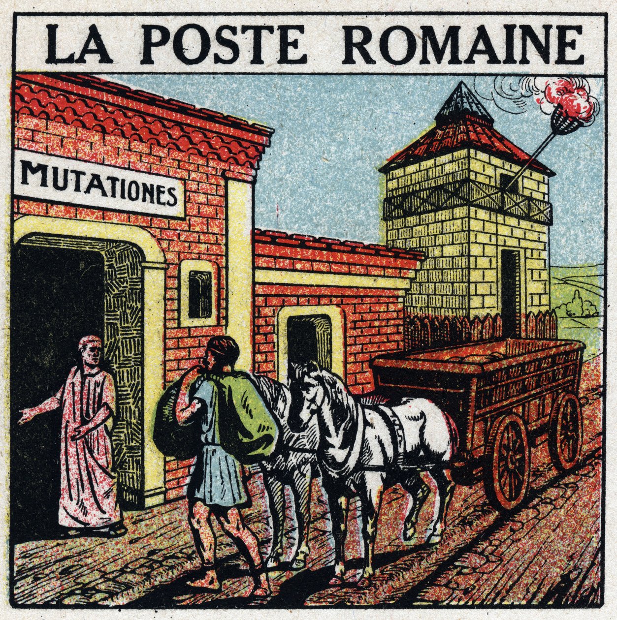Poczta: poczta rzymska. A „mutationes”, miejsce, w którym można było wypożyczyć konie na pocztę, zwane „curriculum publicus”. Anonimowa ilustracja z 1925 r. Ze zbiorów prywatnych. autorstwa Anonymous Anonymous