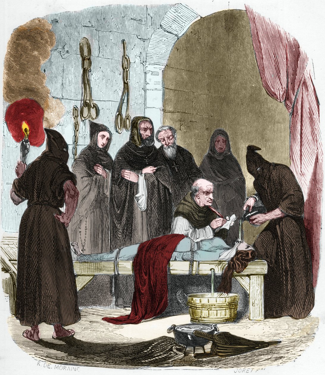 Kwestia wody: Pedro (Pierre) de Arbues (1441/1442 - 1485) przesłuchuje pod torturami młodą kobietę, która rzekomo nakłoniła swoją siostrę do zwrócenia się ku luteranizmowi. Zawiązać sznurkami, wodę wlewa się do szmatki, którą wciska się w gardło. autorstwa Anonymous Anonymous