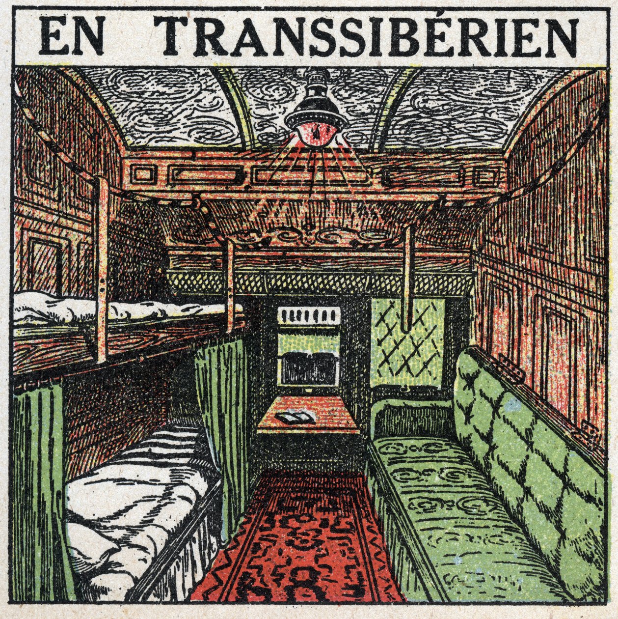 Kolej: wewnątrz wagonu transsyberyjskiego. Anonimowa ilustracja z 1925 r. Ze zbiorów prywatnych. autorstwa Anonymous Anonymous