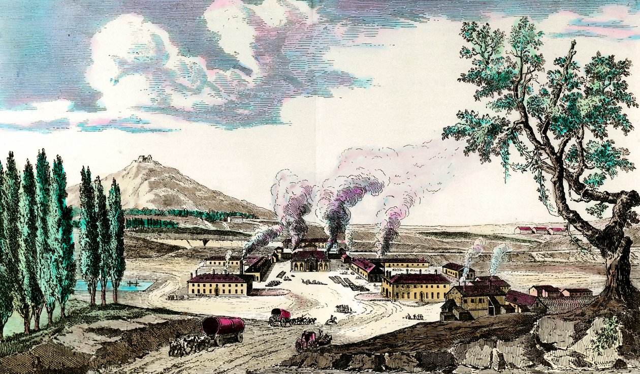 Królewska odlewnia w Creusot (Saona i Loara) w 1787 r. Wytwarzała między innymi uzbrojenie armii francuskiej. Rycina z XVIII wieku. Prywatna kolekcja autorstwa Anonymous Anonymous