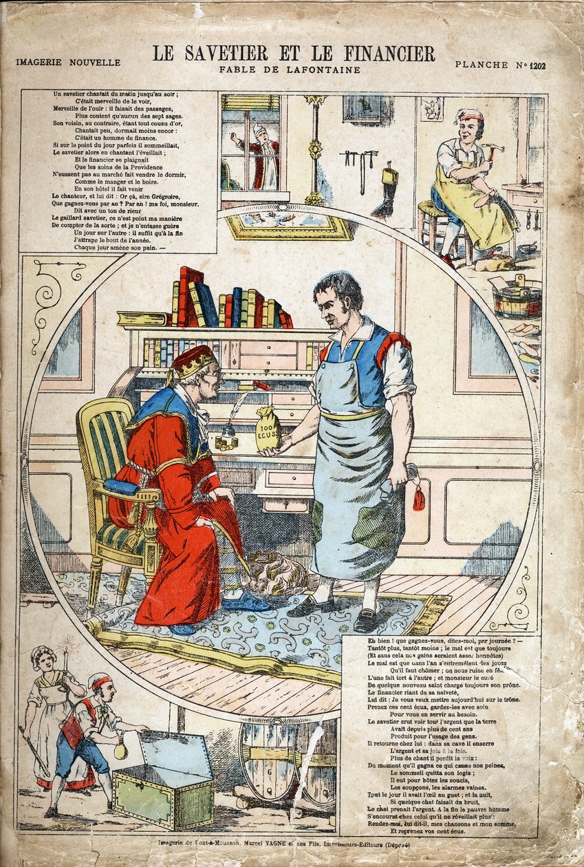 Oszczędzający i finansista. Anonimowa ilustracja do Les Fables autorstwa Jeana de LA FONTAINE (Lafontaine) (1621-1695). Obraz Pont-a-Mousson, ok. 1880. Zbiory prywatne. autorstwa Anonymous Anonymous