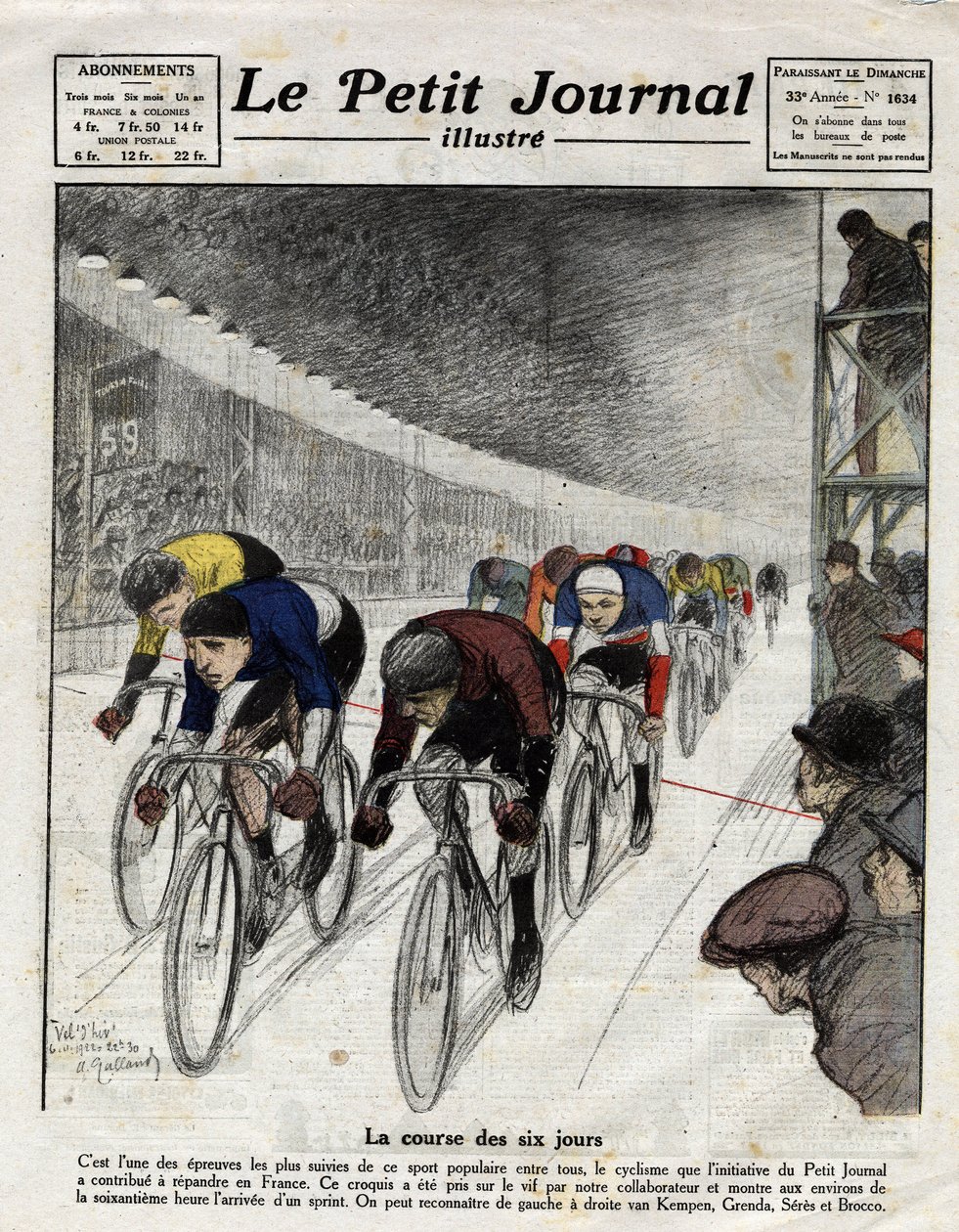 Wyścig sześciodniowy: Piet van Kempen (1898-1985), Alfred Grenda, Seres i Maurice Brocco (1883-1965) podczas sprintu. Grawer w Le Petit Journal illustre, 16.04.1922 r. autorstwa Anonymous Anonymous
